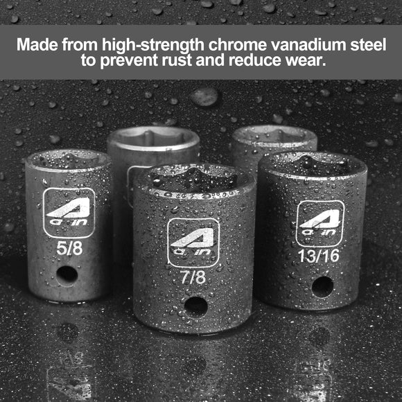 Aain 1/2 Inch Drive Shallow Impact Socket Set, Cr-V Steel, 6-Point | 14-Piece Set | SAE 3/8