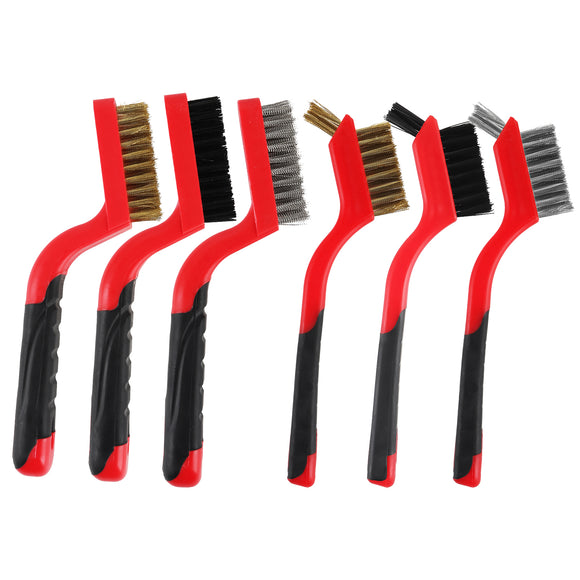 AAIN 6-Pack Wire Brush Set Nylon/Brass/Stainless Steel Bristles with Curved Handle Grip Scratch Brushes for Deep Cleaning and Rust Removing Small Cleaning Brushes - 7 Inches (Red)