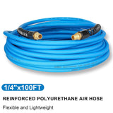AAIN 1/4"100ft*PU Hybrid Air Compressor Hose with Bend Restrictors, All-Weather Flexibility, Kink-Resistant Design, MNPT Brass Fittings, for Air Tools, Pneumatic Systems, Automotive & Industrial Use