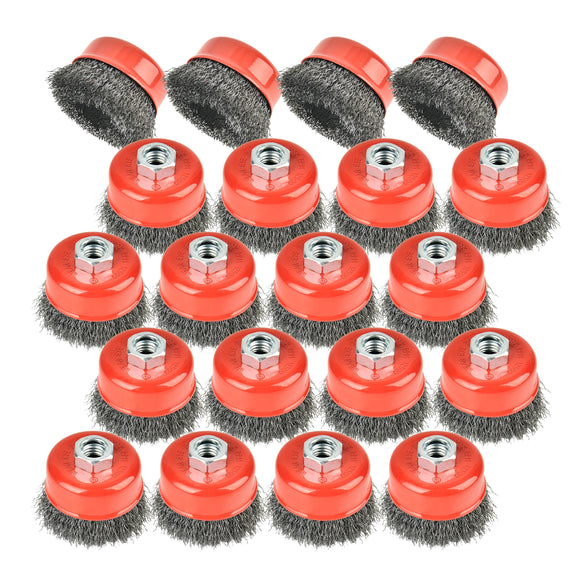 AAIN 20 PCS 3 Inch Carbon Steel Crimped Wire Wheel Cup Brush Set for Grinders, Coarse Crimped with 5/8-Inch-11 Threaded Arbor, Max RPM 12,500, Light-Duty Conditioning for Metal, Rust Removal, Abrasives