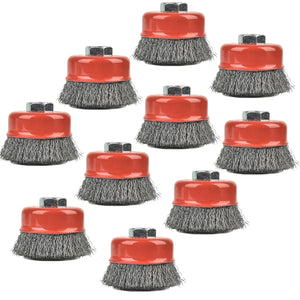 AAIN 10PCS 3 Inch Carbon Steel Crimped Wire Wheel Cup Brush Set for Grinders, Coarse Crimped with 5/8-Inch-11 Threaded Arbor, Max RPM 12,500, Light-Duty Conditioning for Metal, Rust Removal, Abrasives