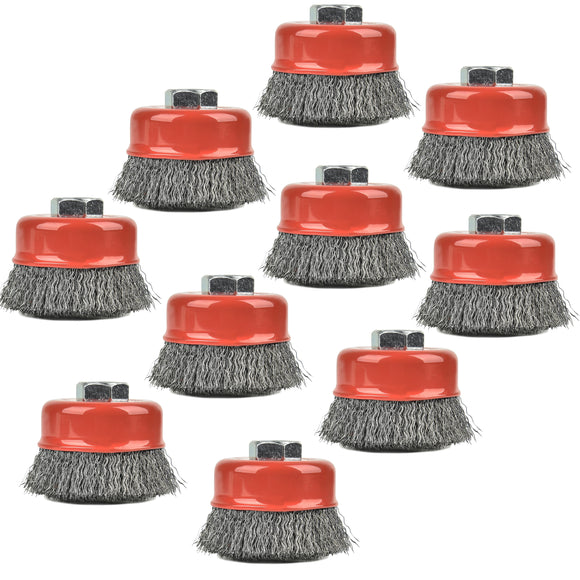 AAIN 10PCS 3 Inch Carbon Steel Crimped Wire Wheel Cup Brush Set for Grinders, Coarse Crimped with 5/8-Inch-11 Threaded Arbor, Max RPM 12,500, Light-Duty Conditioning for Metal, Rust Removal, Abrasives