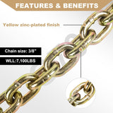 AAIN 3/8" x 10FT Heavy-Duty Steel Chain – 7100 LB Working Load Limit, Rust-Resistant, for Towing, Lifting, and Bindingooks for Transporting Towing Tie Down Binding Equipment