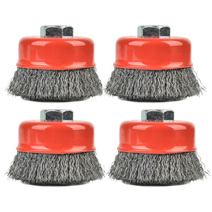 Aain 4PCS 3 Inch Carbon Steel Crimped Wire Wheel Cup Brush Set for Grinders, Coarse Crimped with 5/8-Inch-11 Threaded Arbor, Max RPM 12,500, Light-Duty Conditioning for Metal, Rust Removal, Abrasives