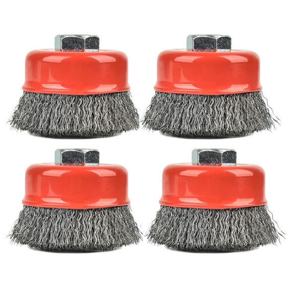 Aain 4PCS 3 Inch Carbon Steel Crimped Wire Wheel Cup Brush Set for Grinders, Coarse Crimped with 5/8-Inch-11 Threaded Arbor, Max RPM 12,500, Light-Duty Conditioning for Metal, Rust Removal, Abrasives