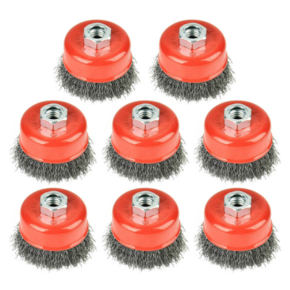 AAIN 8 PCS 3 Inch Carbon Steel Crimped Wire Wheel Cup Brush Set for Grinders, Coarse Crimped with 5/8-Inch-11 Threaded Arbor, Max RPM 12,500, Light-Duty Conditioning for Metal, Rust Removal, Abrasives