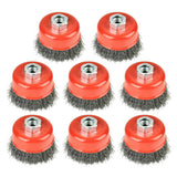 AAIN 8 PCS 3 Inch Carbon Steel Crimped Wire Wheel Cup Brush Set for Grinders, Coarse Crimped with 5/8-Inch-11 Threaded Arbor, Max RPM 12,500, Light-Duty Conditioning for Metal, Rust Removal, Abrasives
